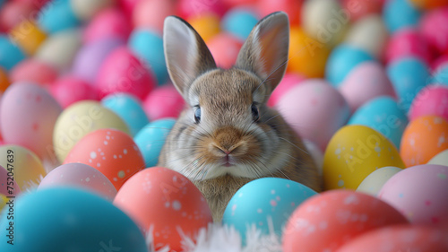 Easter bunny amidst pink and blue egg abundance. © Emiliia