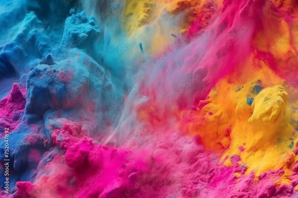 Vibrant Explosion of Holi Powders: Dynamic mix of blue, pink, yellow, and red powders captured mid-air, creating an abstract effect