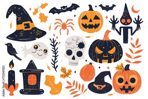 Halloween-Themed Illustrations: Collection of pumpkins, ghost, bats, spider web, witch’s hats, skull, spider, bird, candles, and autumn leaves on a white background