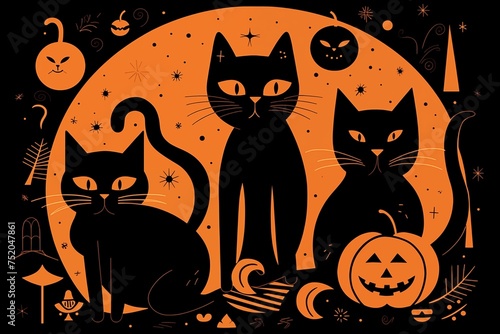 Halloween-Themed Illustration: Three black cats, large orange moon, pumpkin, bats, ghosts, witch hats, mushrooms, and swirls on an orange background