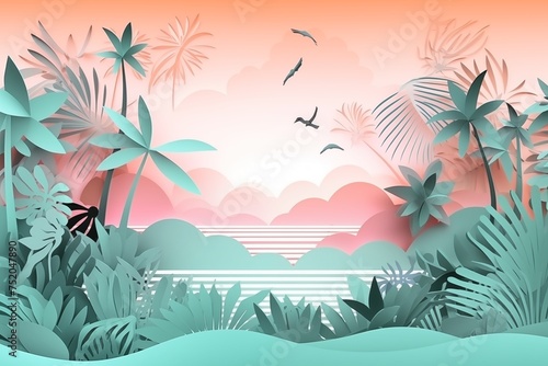Tranquil Tropical Papercut Sunset: Artistic rendering of a serene tropical scene with palm trees, ferns, and birds against a soft-hued sunset