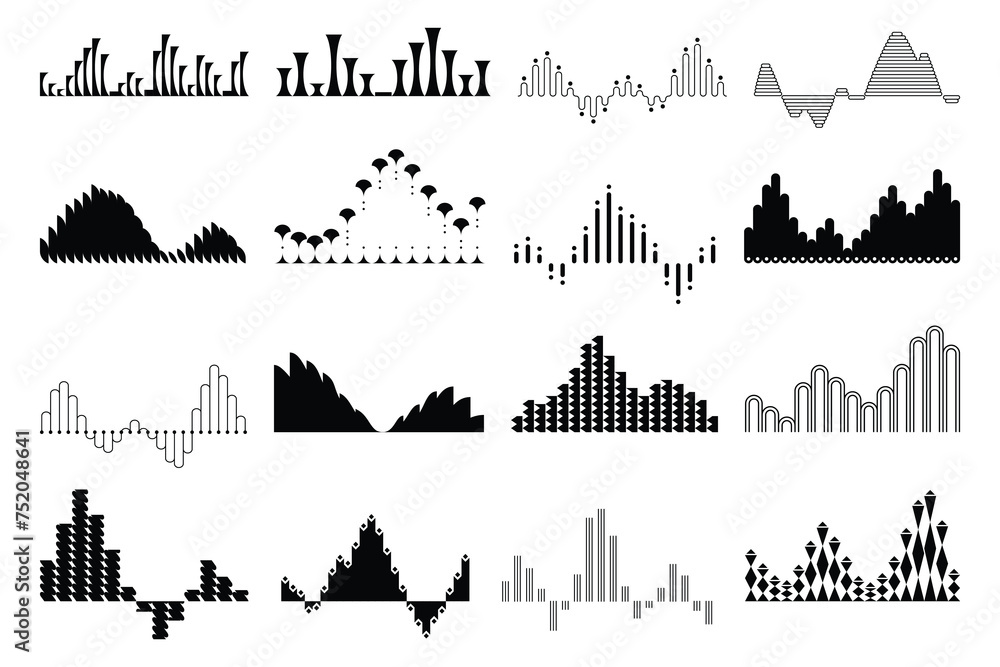 Obraz premium Black sound waves set, audio digital equalizer technology. Voice line waveform, volume level symbol. Musical pulse vector Illustrations on white background