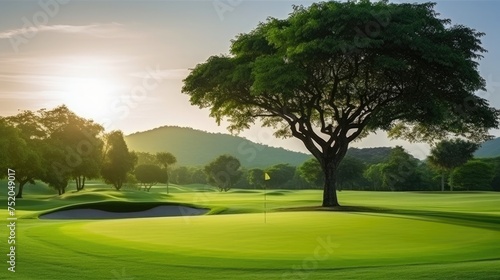 Green grass field with tree in the morning at golf course in Thailand