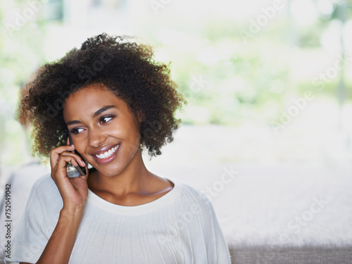 Home, relax and phone call with black woman, communication and connection with network. Apartment, African person and girl with a smartphone and mobile user with online chatting, smile or digital app