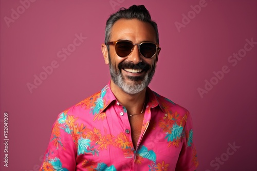 Handsome Indian man wearing a colorful shirt and sunglasses over pink background
