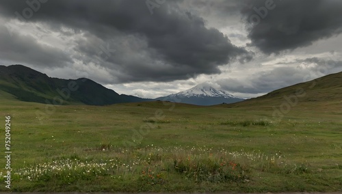 Grassy field near a grassy and flowers mountain under a cloudy sky