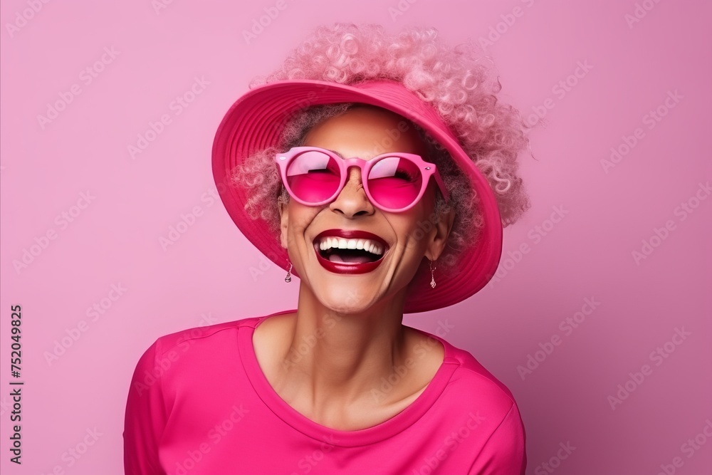 Closeup portrait of a happy smiling woman in pink hat and sunglasses against pink background Closeup portrait of a happy smiling woman in pink hat and sunglasses against pink background