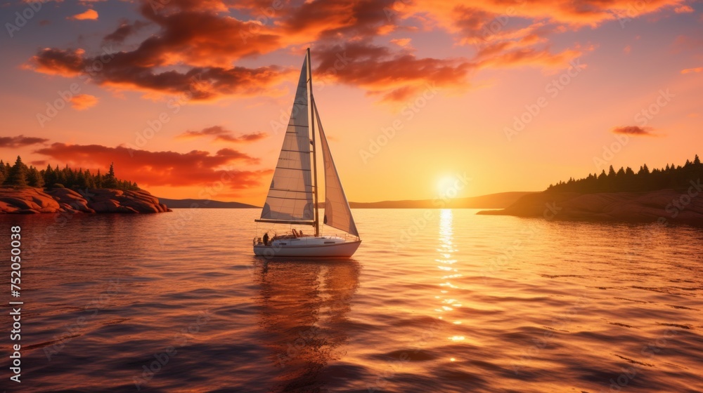 A sailboat floating on water at sunset. Suitable for travel and leisure concepts