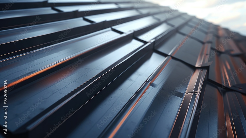 A detailed view of a metal roof against a clear blue sky. Suitable for construction or architectural concepts A detailed view of a metal roof against a clear blue sky. Suitable for construction or architectural concepts