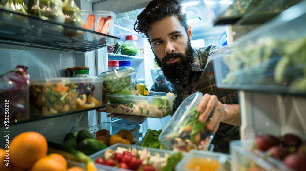 View Looking Out From Inside Of Refrigerator As Man Takes Out Healthy Packed Lunch In Container - obrazy, fototapety, plakaty 