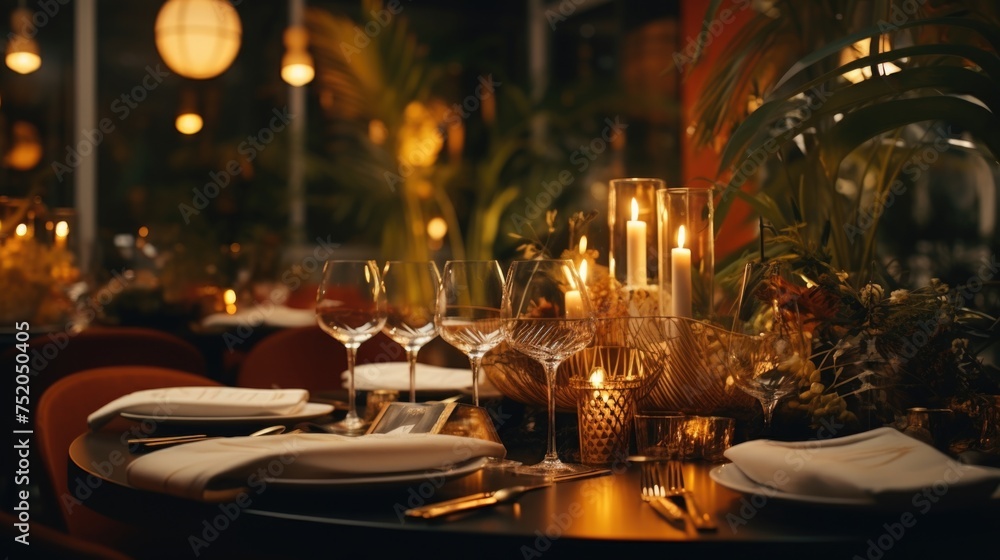 A beautifully arranged table set for a formal dinner event. Ideal for restaurant promotions or home decor blogs - obrazy, fototapety, plakaty 