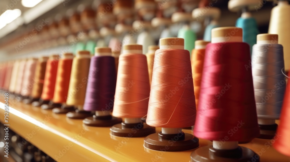 A row of spools of thread on a shelf, suitable for crafting projects A row of spools of thread on a shelf, suitable for crafting projects