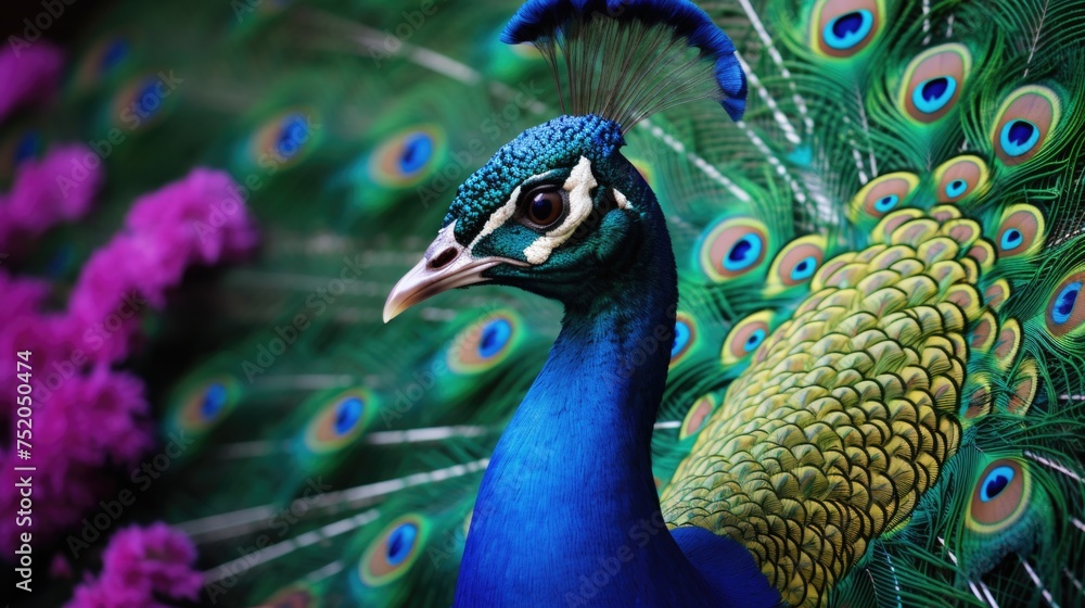 Obraz premium Close up of a peacock with its feathers spread. Ideal for nature and wildlife themes