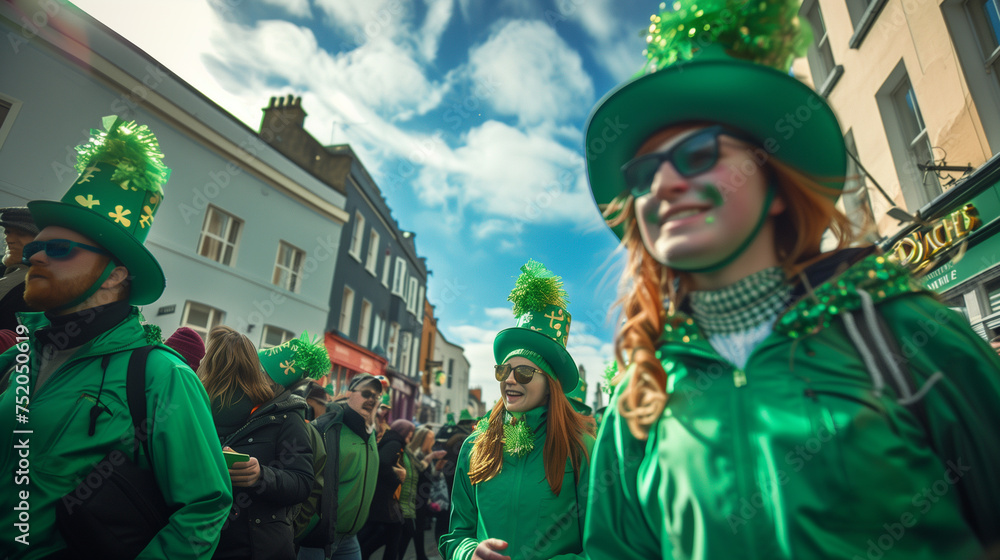 A photo capturing people participating in a St. Patrick's Day parade in Ireland A photo capturing people participating in a St. Patrick's Day parade in Ireland