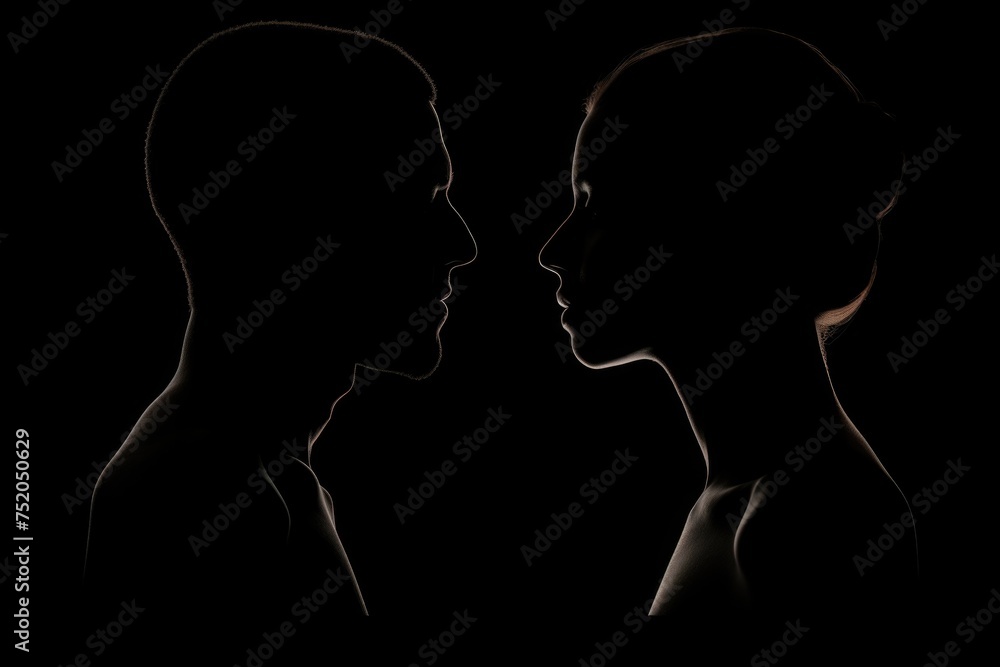 Silhouettes of a man and a woman standing face to face. Ideal for relationship or communication concepts