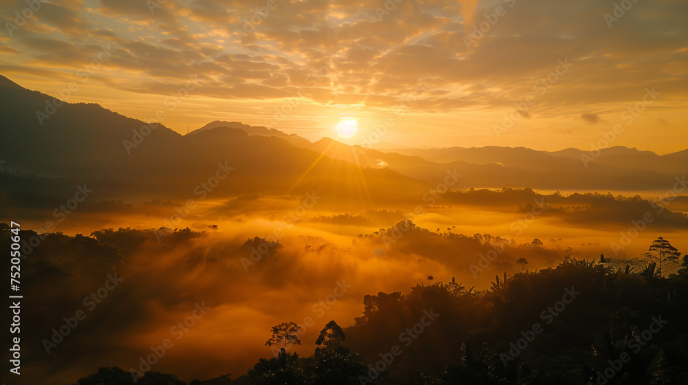 A fiery sunrise ignites the mist, bathing a valley nestled in the mountains with golden light A fiery sunrise ignites the mist, bathing a valley nestled in the mountains with golden light