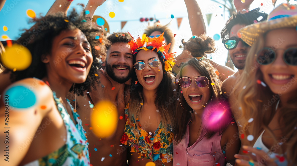 Photo of a diverse group of people celebrating joyfully at a summer party Photo of a diverse group of people celebrating joyfully at a summer party
