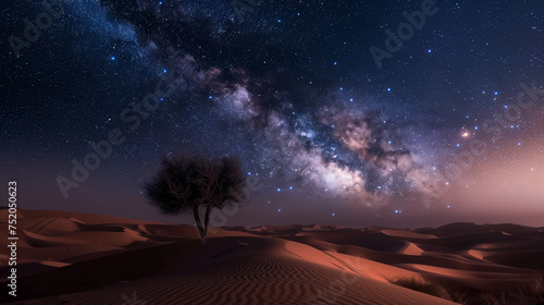 Desert landscape at night, with stars filling the sky photo