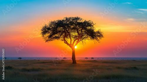 A captivating sunrise paints the savanna landscape, casting a golden glow and silhouetting a lone tree against the vibrant sky