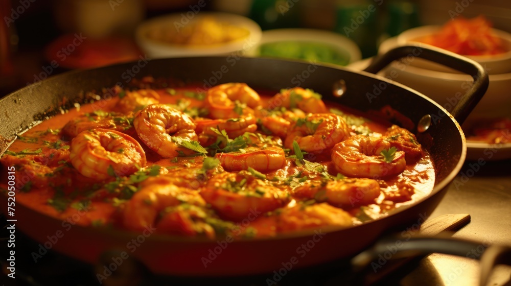 A delicious skillet filled with shrimp and fresh vegetables, perfect for food and cooking concepts A delicious skillet filled with shrimp and fresh vegetables, perfect for food and cooking concepts