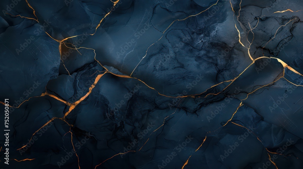 Dark blue marble abstract wallpaper decorated with lines and gold touches, inspired by the graceful artistry of kintsugi.