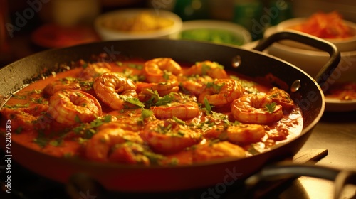 A delicious skillet filled with shrimp and fresh vegetables, perfect for food and cooking concepts