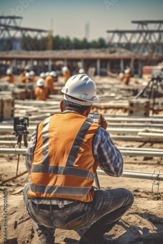Construction worker sitting on the ground talking on a cell phone. Suitable for construction and technology concepts