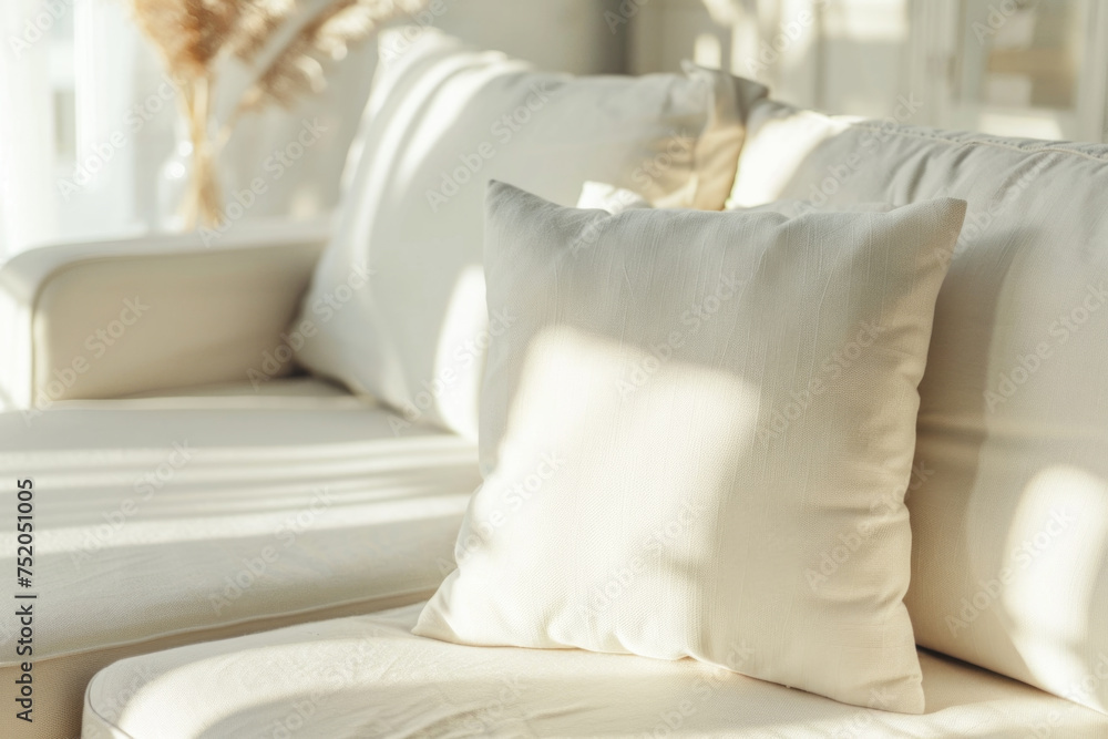 White pillow mockup on the sofa in the bright and sunny living room - obrazy, fototapety, plakaty 