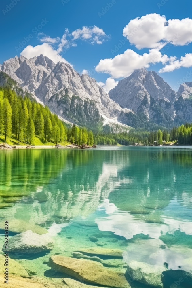 Clear water lake surrounded by majestic mountains. Perfect for travel and nature concepts