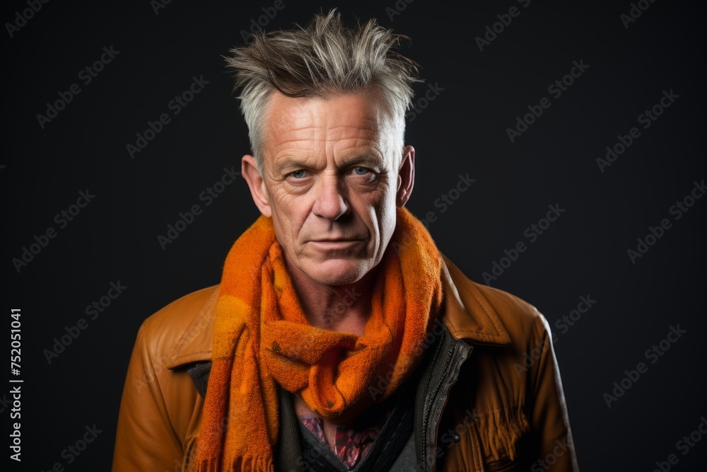 Portrait of a senior man wearing a warm jacket and orange scarf.