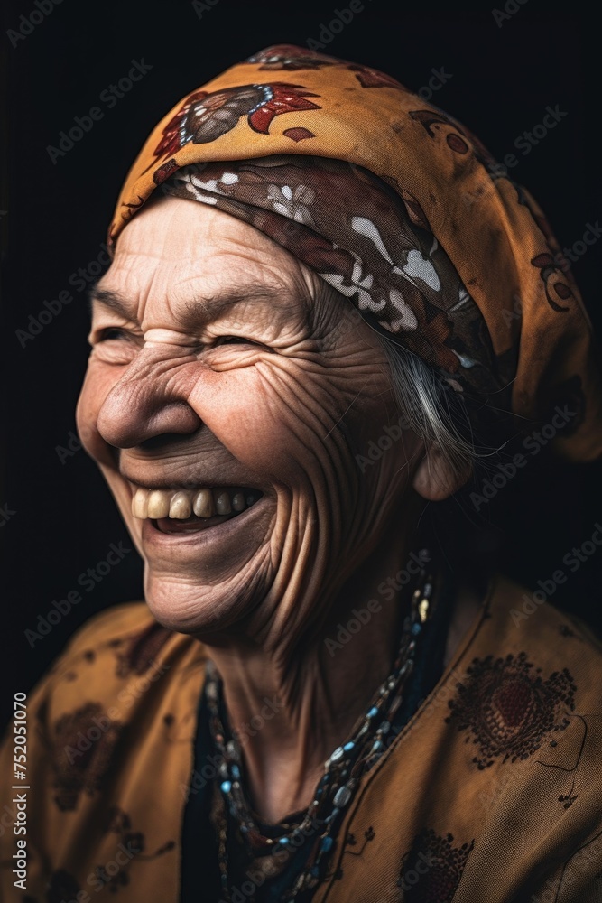 a woman in a headscarf laughing at the camera - obrazy, fototapety, plakaty 