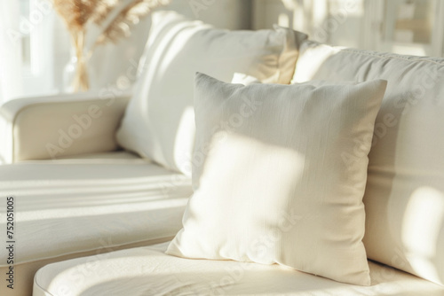 White pillow mockup on the sofa in the bright and sunny living room © Jasmina