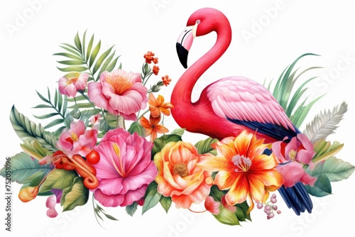 A pink flamingo standing in front of colorful flowers, perfect for spring designs © Fotograf