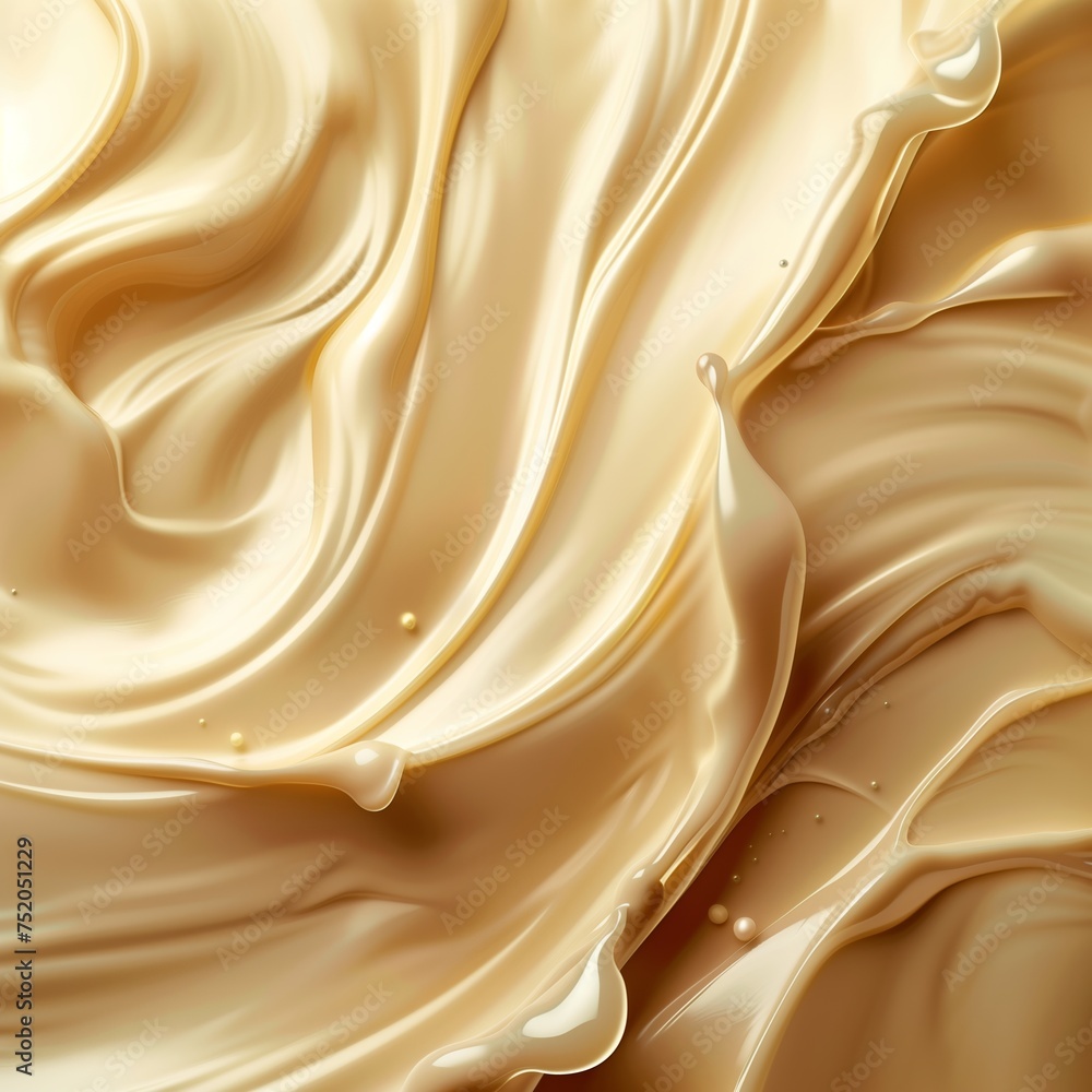 Fototapeta premium Abstract cream background with a milky wave and liquid swirl texture. Gradient splash pattern with silky ripples and creamy syrup, accented by berry pieces.