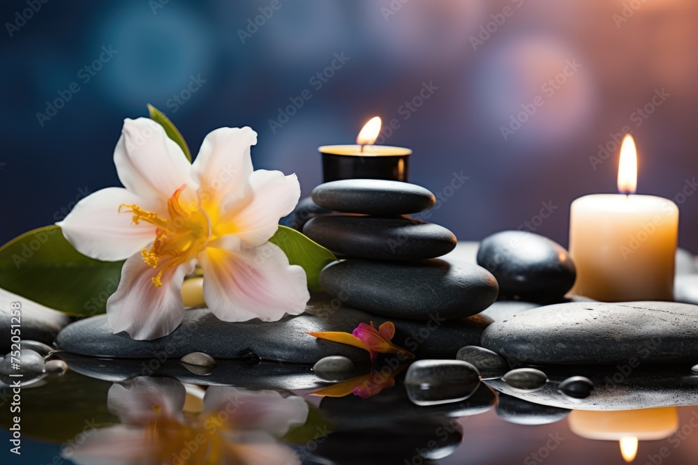 A serene image of a candle surrounded by rocks and a delicate flower. Perfect for relaxation or meditation concepts