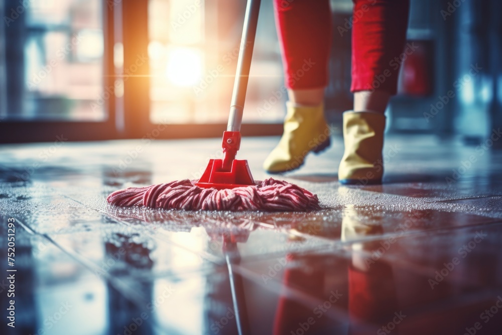 A woman cleaning the floor with a mop. Suitable for cleaning service advertisements - obrazy, fototapety, plakaty 