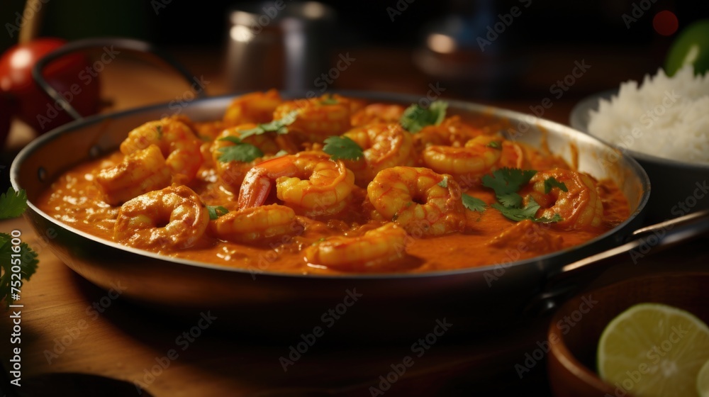 A delicious pan of food with shrimp and rice. Perfect for food blogs or restaurant menus A delicious pan of food with shrimp and rice. Perfect for food blogs or restaurant menus