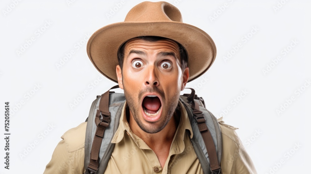 A man with a hat and backpack making a surprised face. Suitable for travel blogs or adventure websites A man with a hat and backpack making a surprised face. Suitable for travel blogs or adventure websites