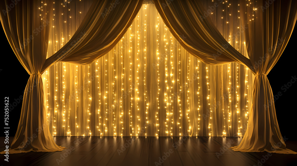 Glittering gold curtains reveal the show's grand opening stage - obrazy, fototapety, plakaty 