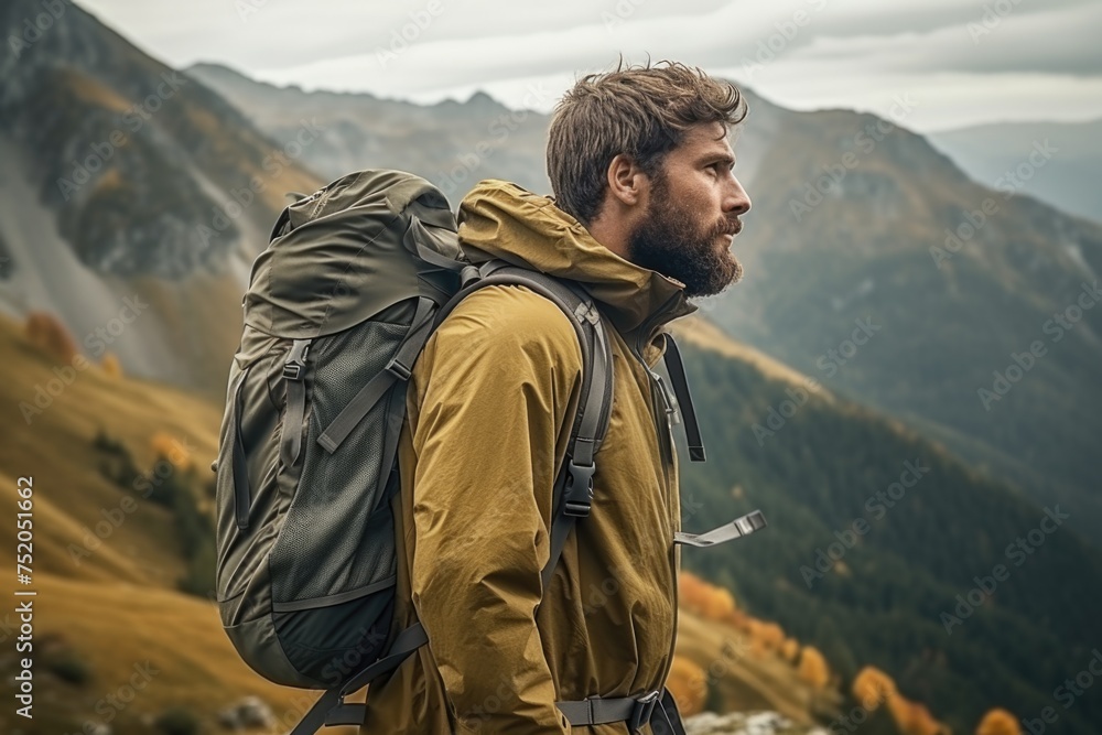 A man with a backpack standing on a mountain. Perfect for outdoor adventure concepts