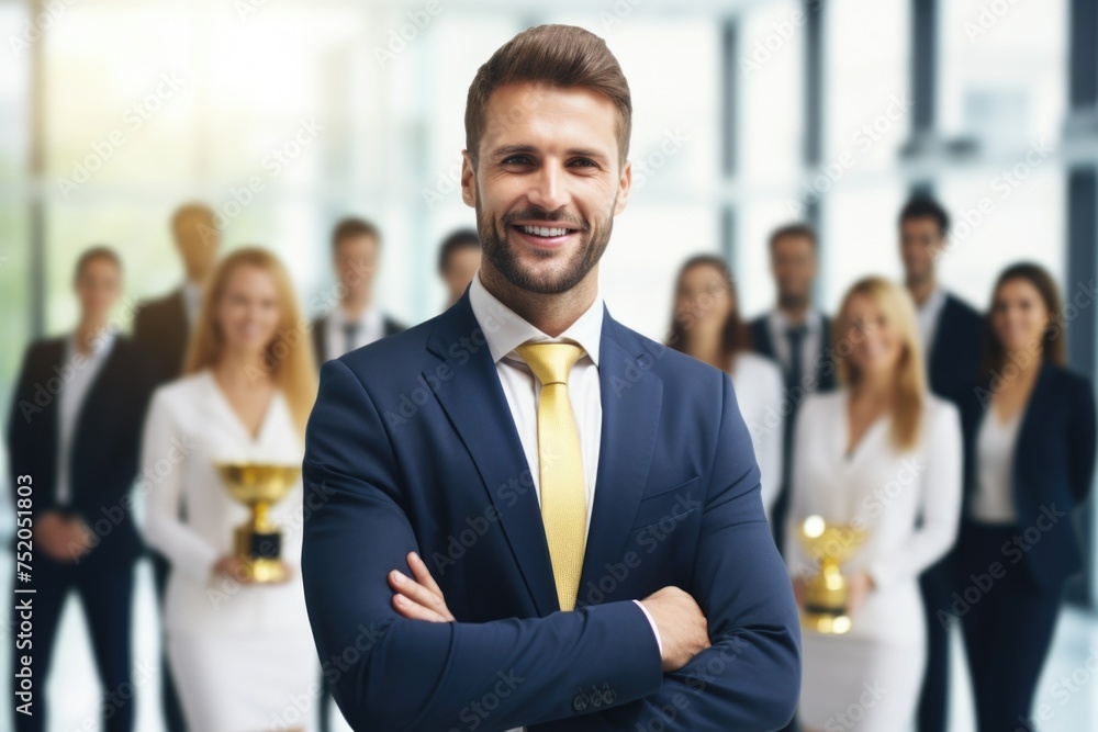 A man in a suit and tie standing in front of a group of business people. Suitable for business presentations A man in a suit and tie standing in front of a group of business people. Suitable for business presentations