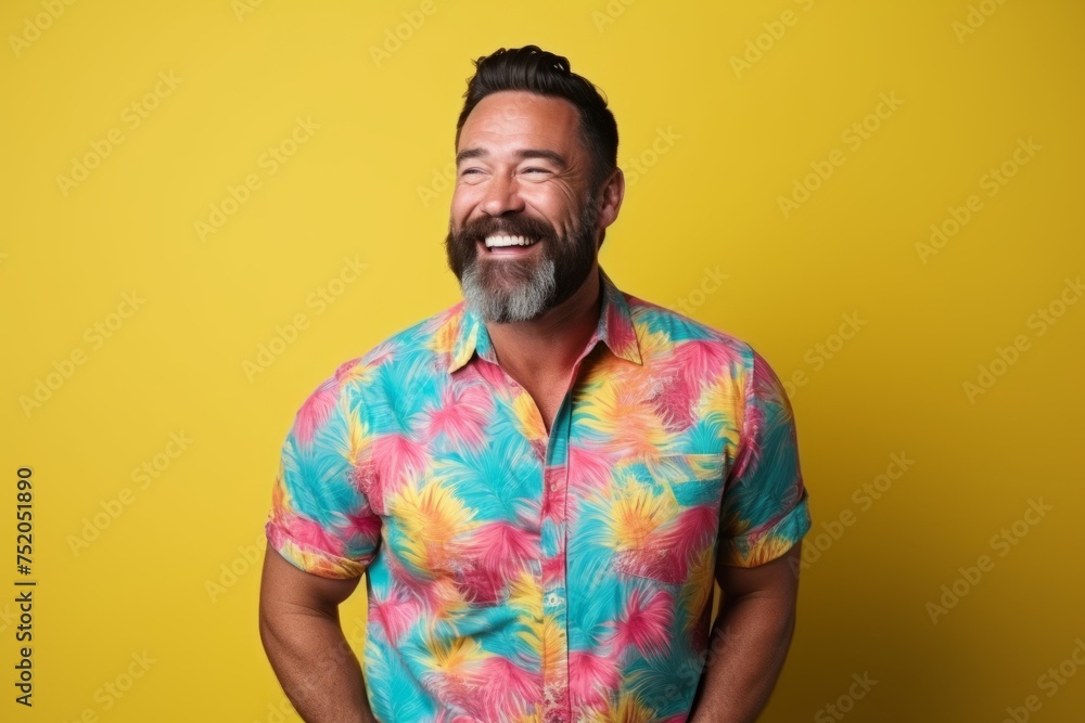 Handsome hipster man with beard and colorful shirt on yellow background Handsome hipster man with beard and colorful shirt on yellow background