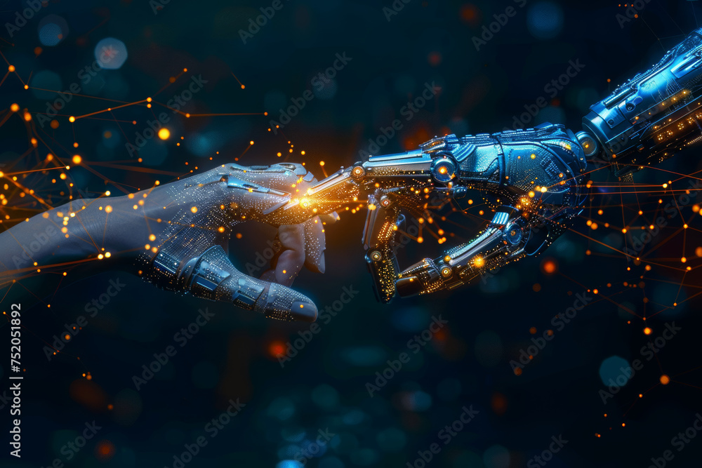 Naklejka premium An abstract background to evoke the fusion of AI and human touch in technology, use a blend of futuristic blues and metallic tones to convey innovation and technology.