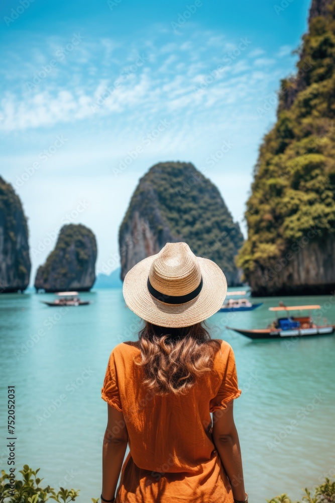 A woman in an orange shirt and hat looking out over the water. Suitable for travel and leisure concepts