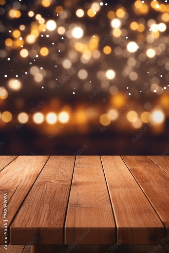 A wooden table with blurred lights in the background. Ideal for adding a warm and cozy touch to any design project