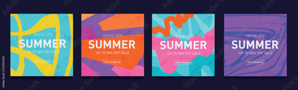 Summer Retro Set Colors Rainbow. Geometric Psychedelic Patterns for Advertising, Web, Social Media, Poster, Banner, Cover. Background Graphic Wavy Lines. Abstract Vector Illustration