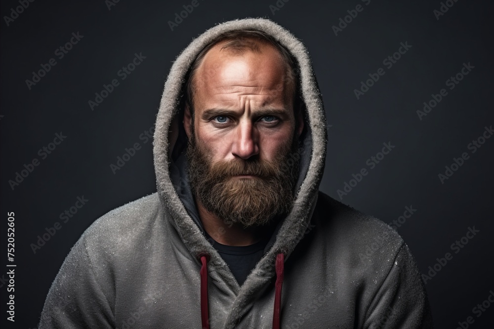 Portrait of a brutal man with a long beard and mustache in a hood on a dark background