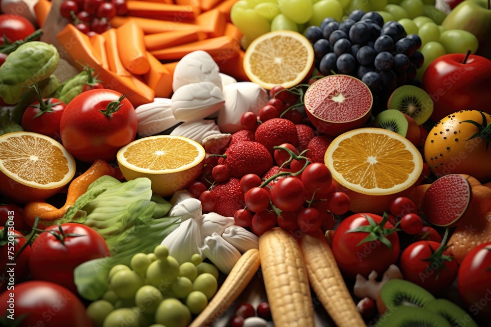 A pile of various fresh fruits and vegetables, perfect for healthy eating concept.