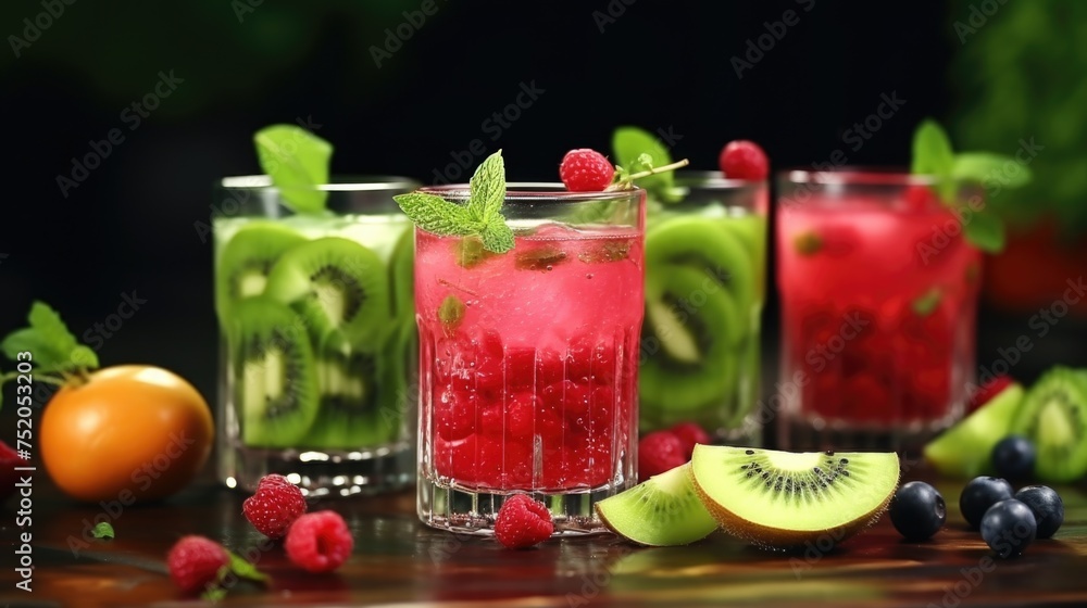 Refreshing drink with fresh fruit on a table, perfect for summer vibes Refreshing drink with fresh fruit on a table, perfect for summer vibes