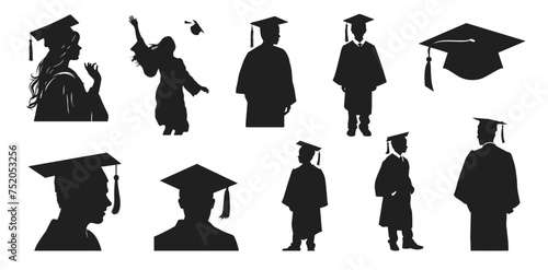 Graduating student vector illustration. Portrait of young people on graduation ceremony hand drawn black on white background. Education silhouette